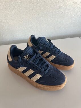 Adidas Samba Sneakers Navy Blue with Cream/Tan Stripes and Gum Sole
